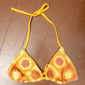 Calzedonia Crochet Bikini Top Cobey Yellow Orange Boho Tie Back Swimwear